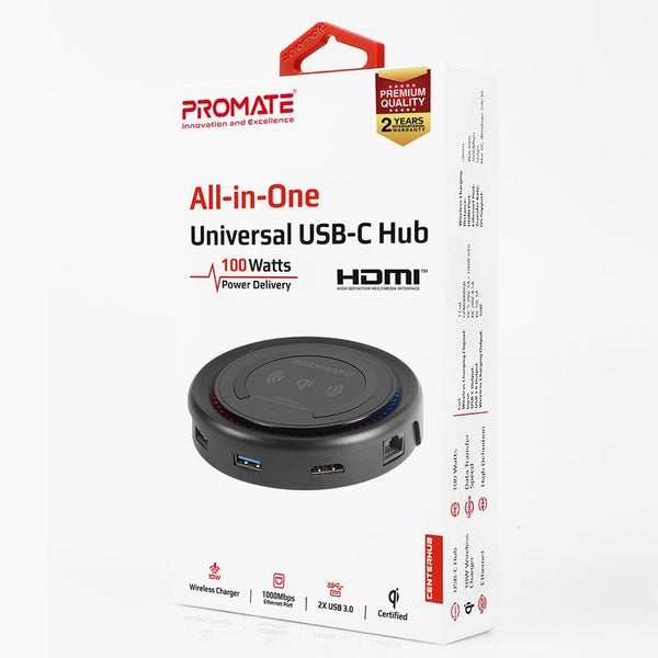 PROMATE All-in-1 USB-C Hub w/ 100W Power Delivery & 10W Qi - Black Carousel 12