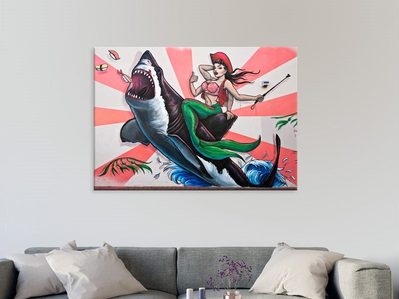 Mermaid - Pop Art - Shark - Graffiti Art - Red - Wall Art - Art Prints Carousel 2