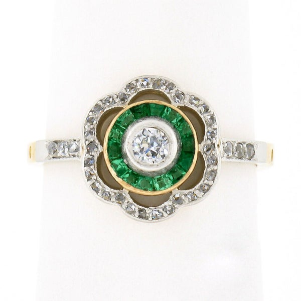 Antique 14k Yellow Gold & Platinum 0.50ctw Diamond & Emerald Floral Halo Ring Carousel 2