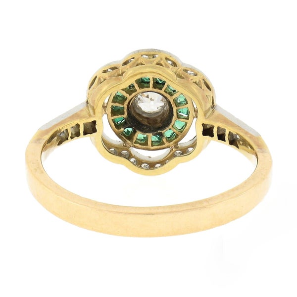 Antique 14k Yellow Gold & Platinum 0.50ctw Diamond & Emerald Floral Halo Ring Carousel 9
