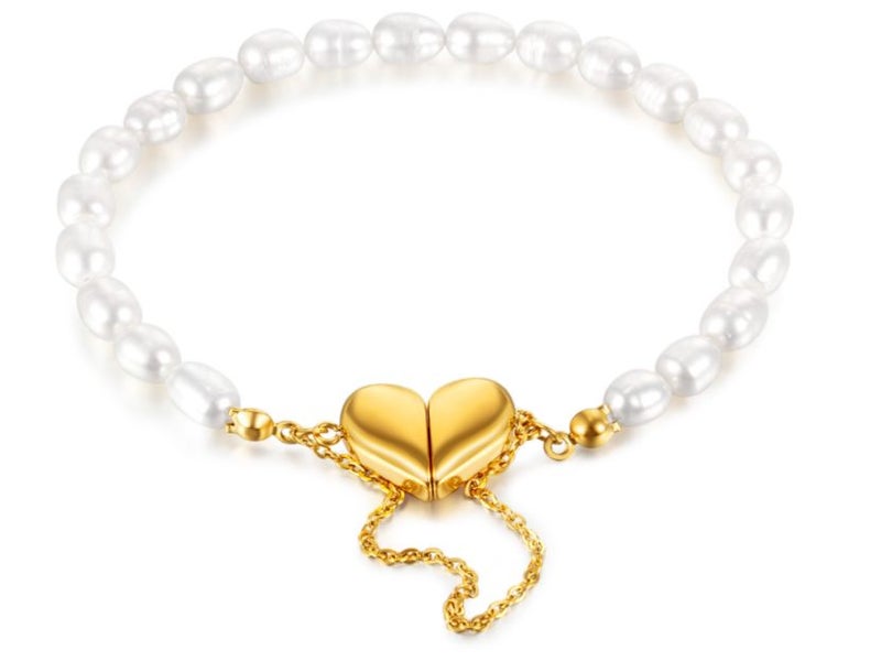Bracelet Stainless Steel Heart Design Freshwater Pearls Yellow Gold Plated Carousel 1