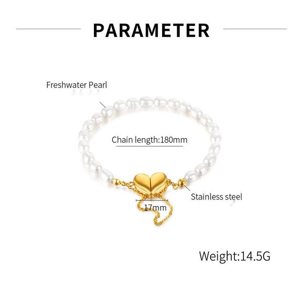 Bracelet Stainless Steel Heart Design Freshwater Pearls Yellow Gold Plated Carousel 2