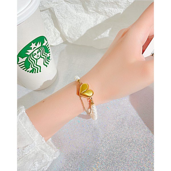 Bracelet Stainless Steel Heart Design Freshwater Pearls Yellow Gold Plated Carousel 5