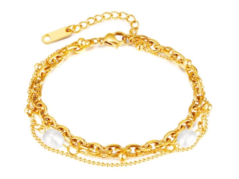 Pearls Multilayer Bracelet Stainless Steel Yellow Gold Plated Bracelet Carousel 1