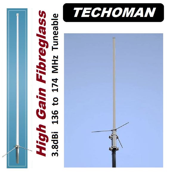 TECHOMAN VHF TUNEABLE 136 TO 174 MHz High Gain 3.8dBi Fibreglass Antenna Carousel 1