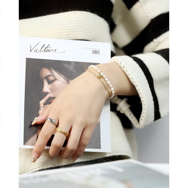 Fresh Water Pearls Stainless Steel Yellow Gold Plated Double-layered Bracelet Carousel 5