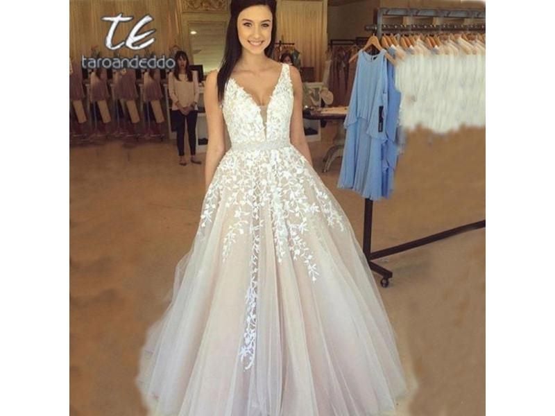 Customized V Neck Wedding Dresses Light Champagne Floor Length Applique Open Carousel 1