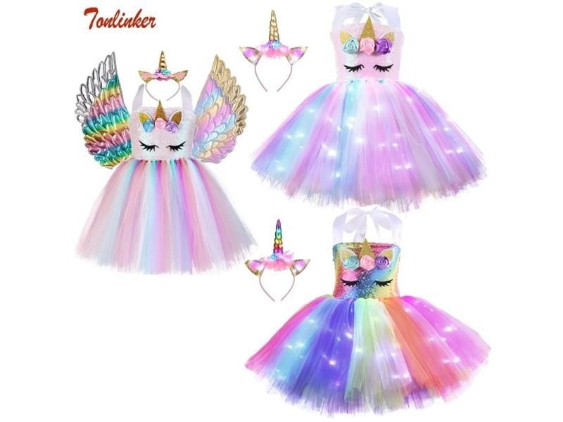 Kids Unicorn Costume Girls Birthday Party Gift LED Lights Sequin Rainbow Tutu Carousel 2