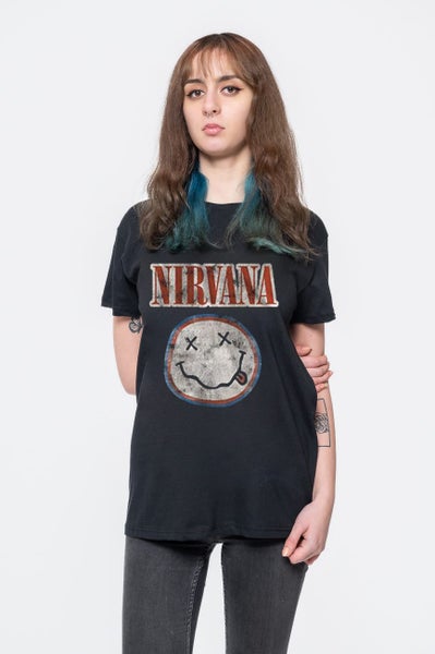 Nirvana T Shirt Distressed Band Logo Smile Nevermind new Official Mens Black Carousel 4