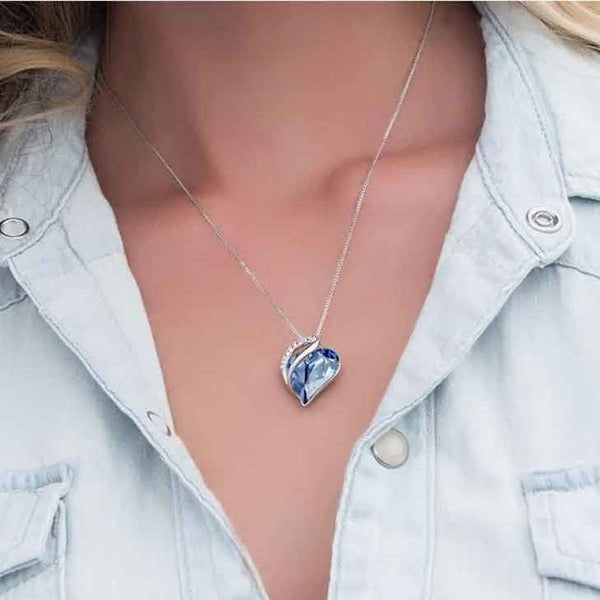 Silver Necklace with Crystal Heart Pendant "Margaritte" (Blue) Carousel 2