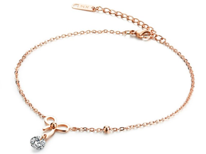 Bowknot Stainless Steel Anklet Rose Gold Plated CZ Anklet Carousel 1