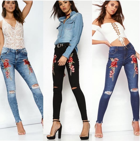 Slim rose embroidery long jeans women's jeans Carousel 1