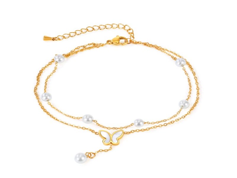 Pearls Butterfly Stainless Steel Double-layered Anklet Yellow Gold Plated Anklet Carousel 1