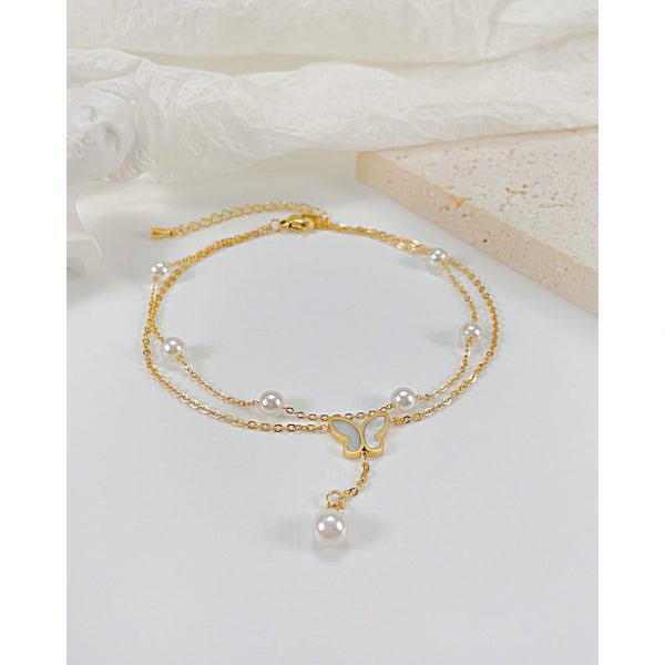 Pearls Butterfly Stainless Steel Double-layered Anklet Yellow Gold Plated Anklet Carousel 2