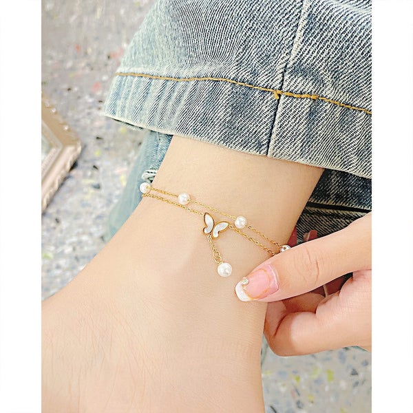 Pearls Butterfly Stainless Steel Double-layered Anklet Yellow Gold Plated Anklet Carousel 5