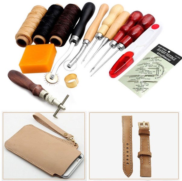 14Pcs Set Leather Craft Hand Stitching Sewing Tool Thread Awl Waxed Thimble Kit Carousel 1