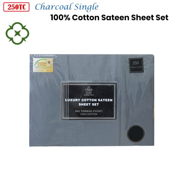 Kingtex 250TC 100% Cotton Sateen Sheet Set Charcoal Single Carousel 2