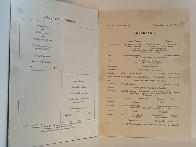 MARITIME MEMORABILIA: Cunard Line - RMS Queen Mary - Luncheon Menu 1952 Carousel 3