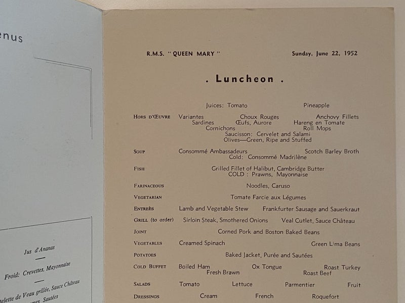 MARITIME MEMORABILIA: Cunard Line - RMS Queen Mary - Luncheon Menu 1952 Carousel 3