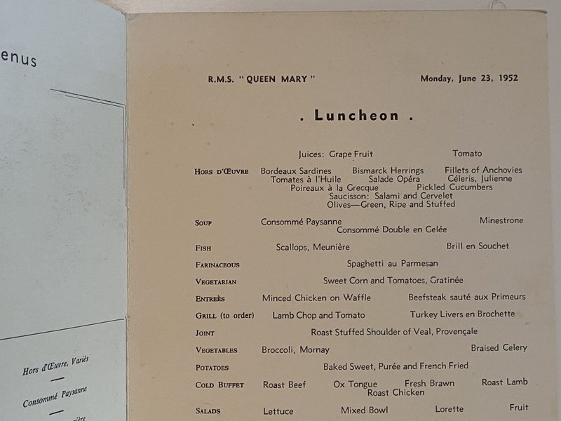 MARITIME MEMORABILIA: Cunard Line - RMS Queen Mary - Luncheon Menu 1952 Carousel 3