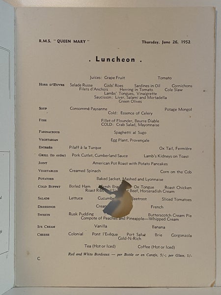 MARITIME MEMORABILIA: Cunard Line - RMS Queen Mary - Luncheon Menu 1952 Carousel 3