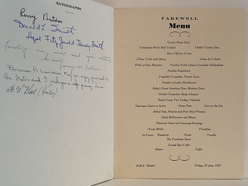 MARITIME MEMORABILIA: Cunard Line - RMS Media - Farewell Menu 1951 Carousel 3