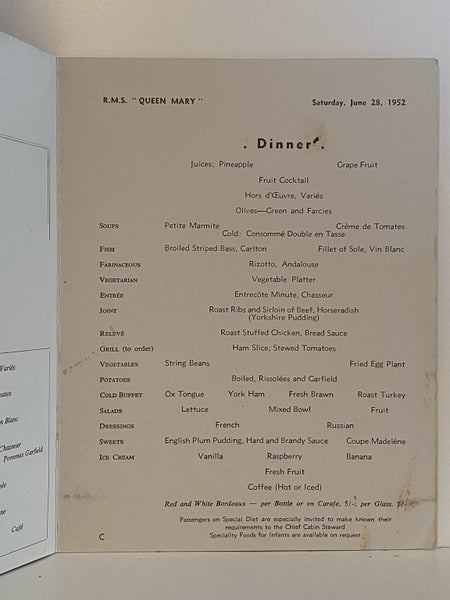 MARITIME MEMORABILIA: Cunard Line - RMS Queen Mary - Dinner Menu 1952 Carousel 3