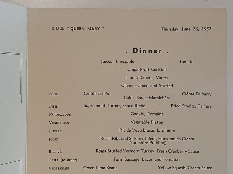 MARITIME MEMORABILIA: Cunard Line - RMS Queen Mary - Dinner Menu 1952 Carousel 3