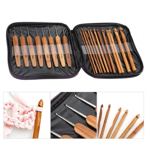 20Pcs Crochet Hooks Needles Bamboo Handle Weaving Sewing Tools NEW Carousel 1