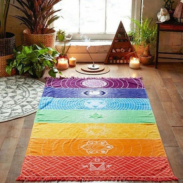 Yoga Rainbow Chakra Tapestry Towel Carpet Mandala Travel Beach Blanket 7 Stripes Carousel 1