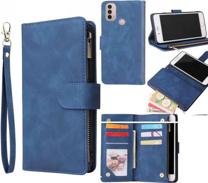 Moto E30 suede wallet case multifunction 6 cards & zipper navy Carousel 1