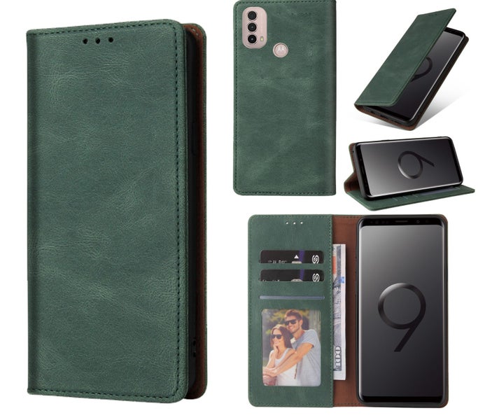 Moto E40 suede wallet case ultra slim concealed magnet green Carousel 1