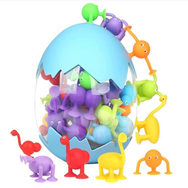 40 Pcs Kids Bath Toys Silicone Animal Sucker with Dinosaur Eggshell Storage Carousel 1