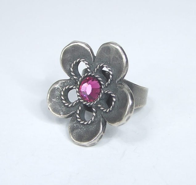 Israeli Pewter Flower Ring - Fuchsia Pink Carousel 1