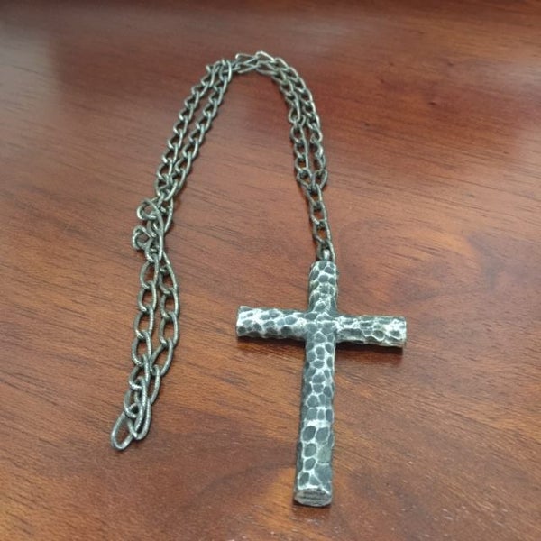 Vintage Brutalist Hammered Pewter Cross Necklace - Wells Colonial Pewter Carousel 1