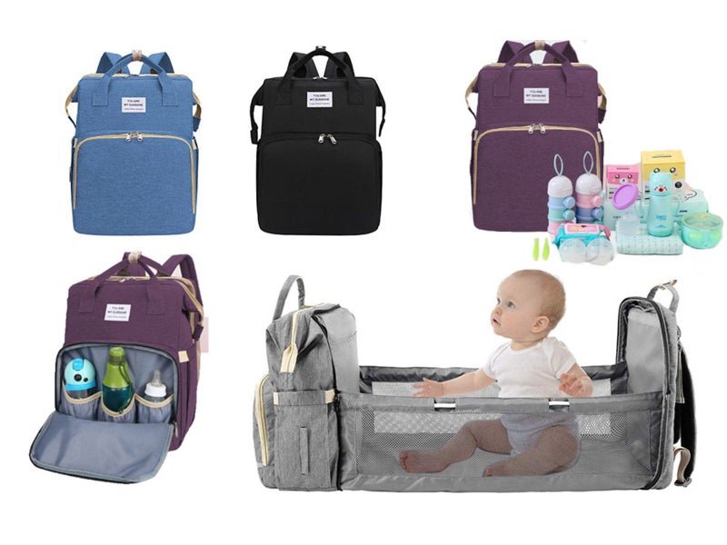 Foldable Large Capacity Mommy Backpack Diaper Bag with Baby Bed Carousel 1