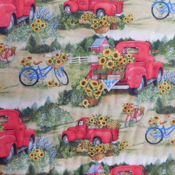 Quilting Patchwork Sewing Fabric Red Truck Sunflowers 50x55cm FQ Carousel 2