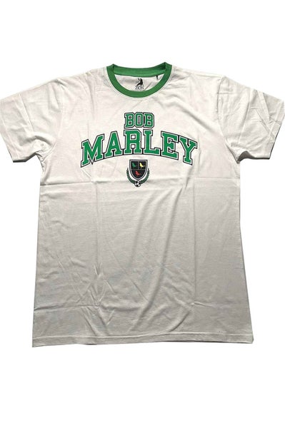 Bob Marley T Shirt Collegiate Crest new Official Unisex White Ringer Carousel 1