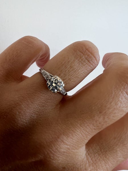 Antique Edwardian Platinum 1.02ctw Old European Diamond Engraved Engagement Ring Carousel 13