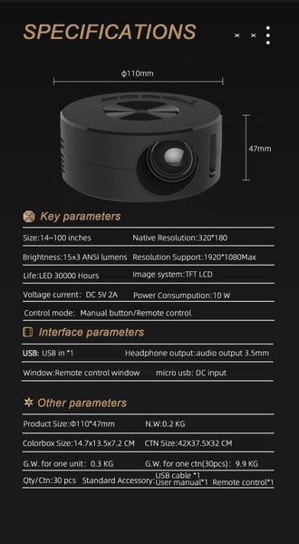 YT200 Black Mini Portable Projector with 60-inch Projection Drawing Size Carousel 20