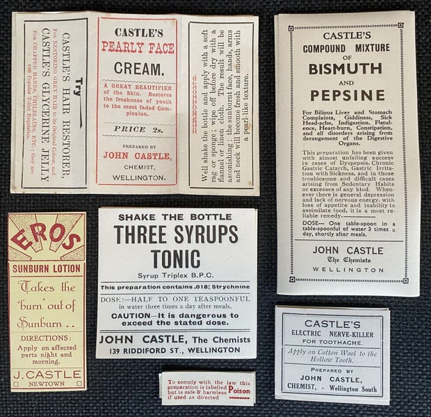 OLD MEDICINE LABLES: from John Castle Chemist, Wellington (NZ's oldest chemist) Carousel 1