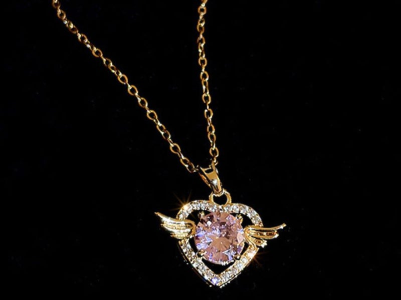 Pink Topaz Cubic Zirconia Necklace Angel's Wings Heart Design Necklace Carousel 1