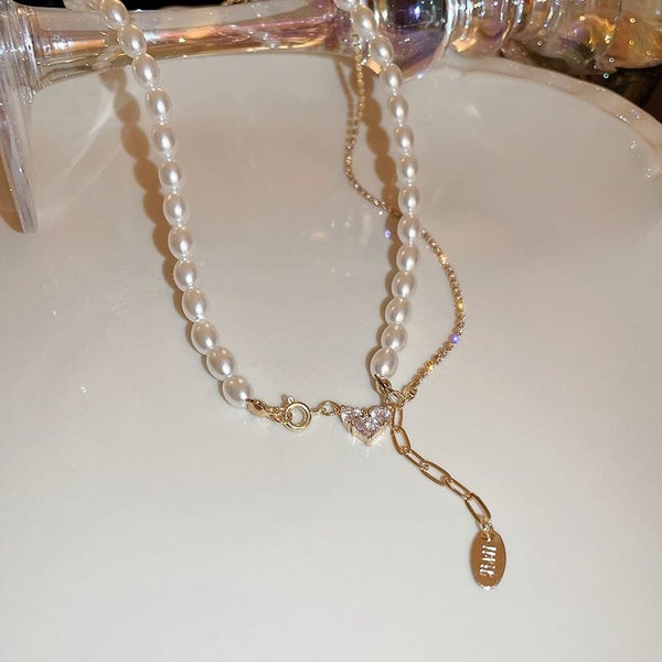 Cubic Zirconia Pearls Heart Necklace Double-layered Necklace Carousel 3