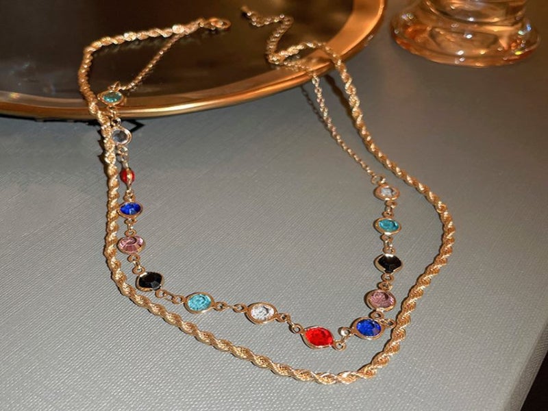 Colorful Gemstones Double-layered Cubic Zirconia Necklace Carousel 1