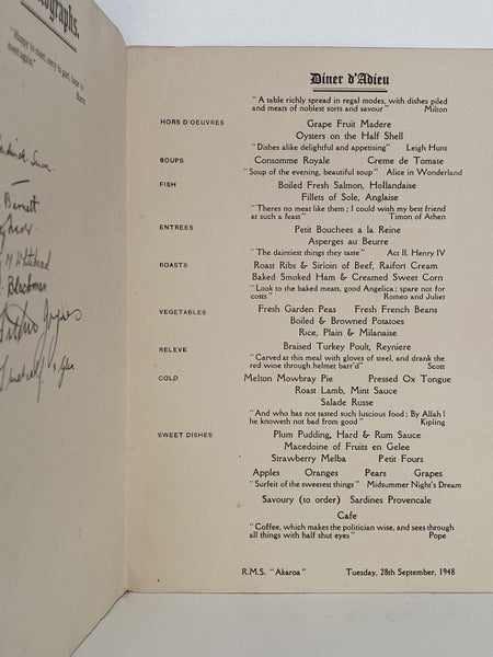 MARITIME MEMORABILIA: Shaw Savill Line - R.M.S. Akaroa - Dinner Menu 1948 Carousel 3