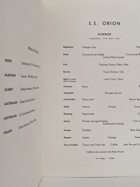 MARITIME MEMORABILIA: P&O Orient Lines - S.S. Orion - Dinner Menu 17 May 1962 Carousel 3