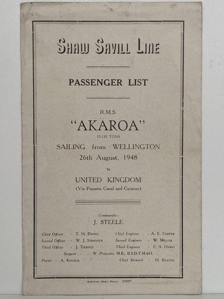 MARITIME MEMORABILIA: Shaw Savill Line - Passengers List R.M.S. Akaroa 1948 Carousel 2
