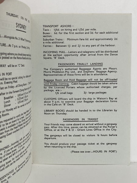MARITIME MEMORABILIA: P&O Orient Lines - Port Information for Sydney 1962 Carousel 2