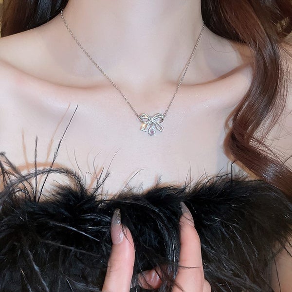 Bowknot Cubic Zirconia Pink Topaz Necklace Carousel 2