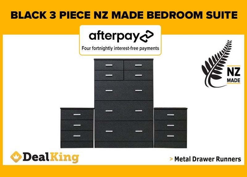 • BLACK FULLY ASSEMBLED 3PC NZ MADE BEDROOM SUITE $699 • Carousel 1